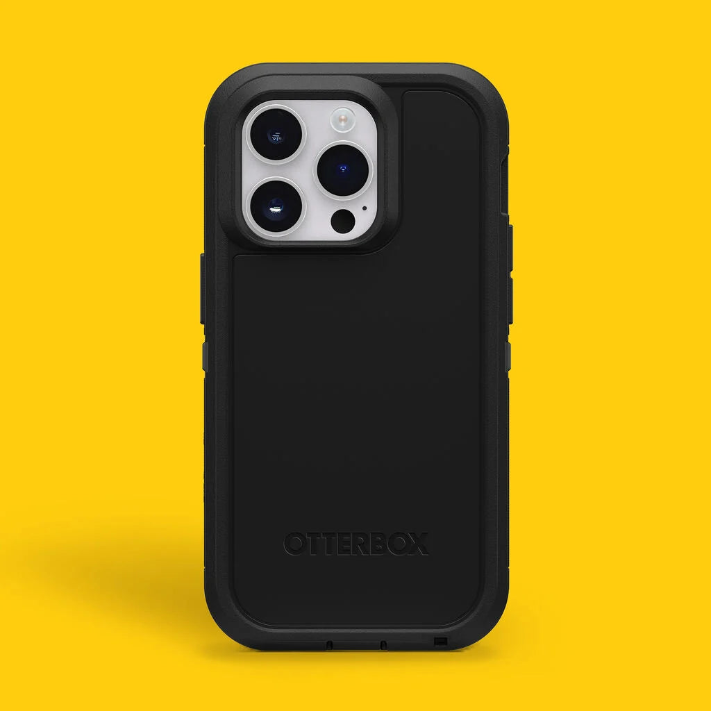Black phone case with 'OtterBox' branding on a yellow background