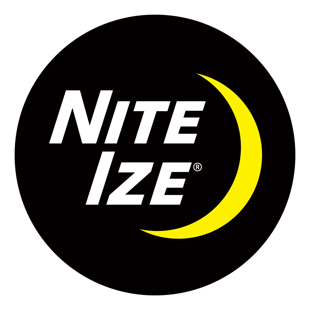 Nite Ize logo with 'NITE IZE' text and a yellow crescent moon on a black background