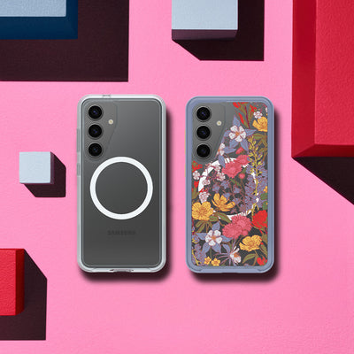 Two phone cases on a pink geometric background