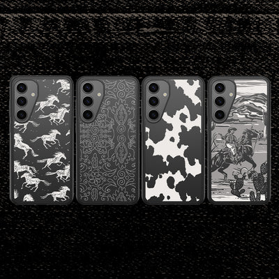 Four phone case designs western theme on a textured black background