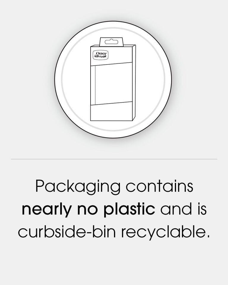 Circular icon with packaging illustration and text about recyclability on a white background