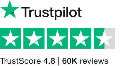 Trustpilot logo with five green stars and text indicating a TrustScore of 4.8 and 60K reviews.