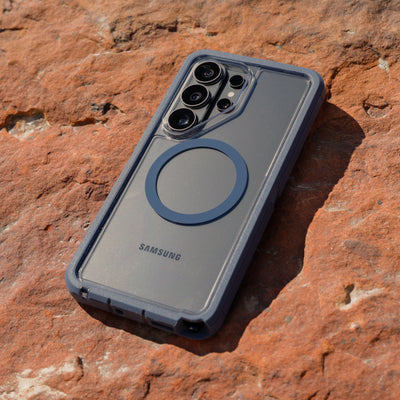 Samsung phone case on a rocky surface