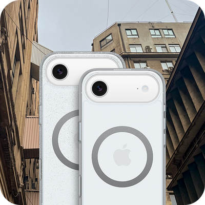 Two iPhone Air clear phone cases on a cityscape background