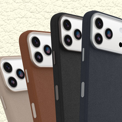 Four Cactus Leather phone cases in different colors on a textured beige background